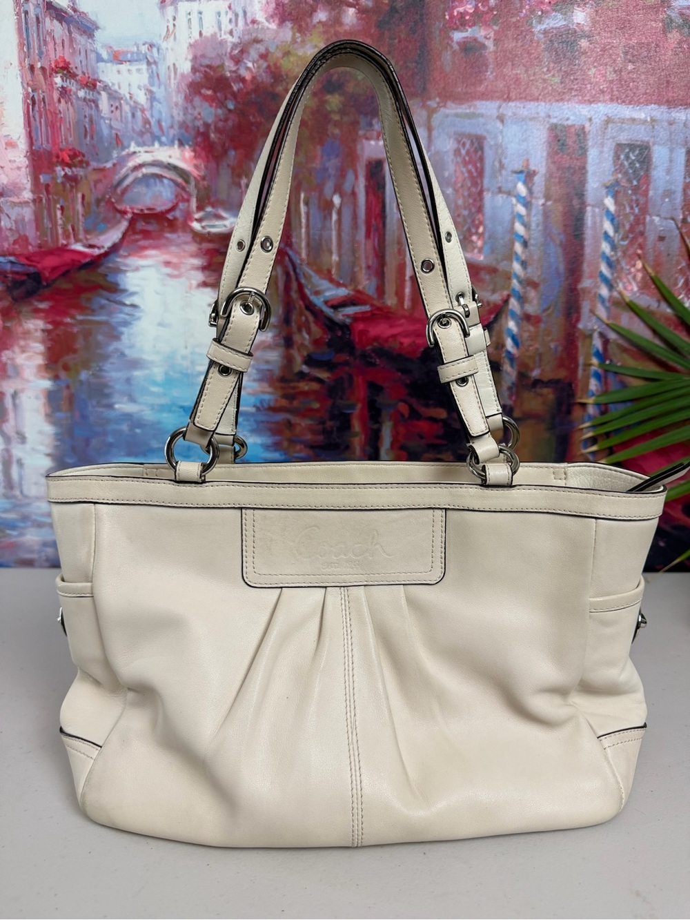 Coach F13759 Pleated East West Gallery Ivory Leather Tote Bag 2009